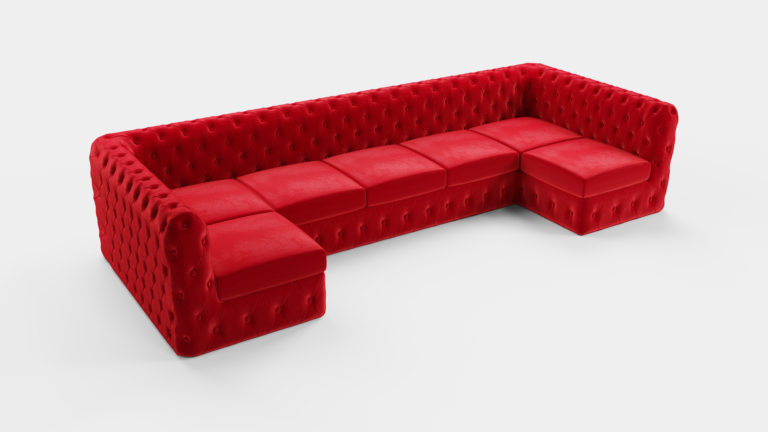 render, czerwony welur, kształt litery U, białe tło | Sofa Chesterfield na wymiar w kształcie litery U, czerwony welur z pikowaniem