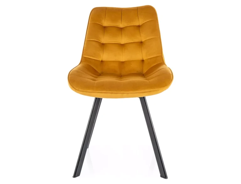 Krzesło Monti w musztardowej tkaninie Bluvel 68, tapicerowane siedzisko i oparcie