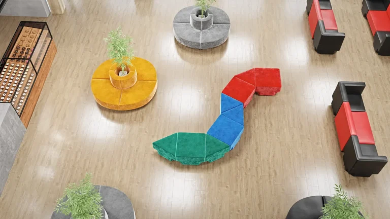 Wizualizacja lobby z pufami Snake 3 i Snake 5 ułożonymi w falistą kompozycję, widok z góry